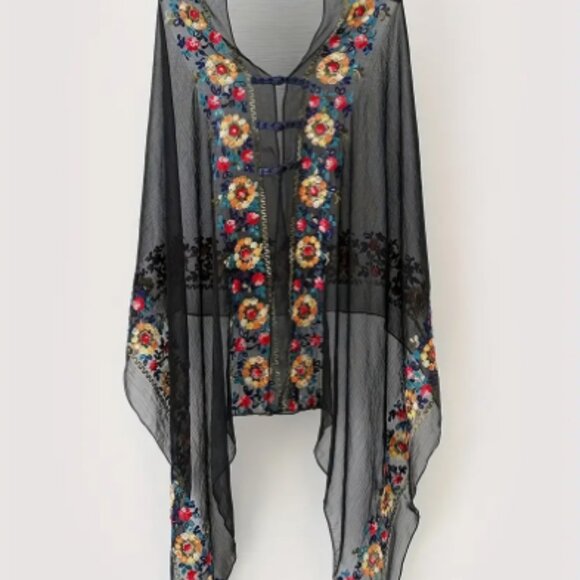 BOUTIQUE SHEER EMBROIDERED SHAWL/PONCHO - Picture 2 of 8